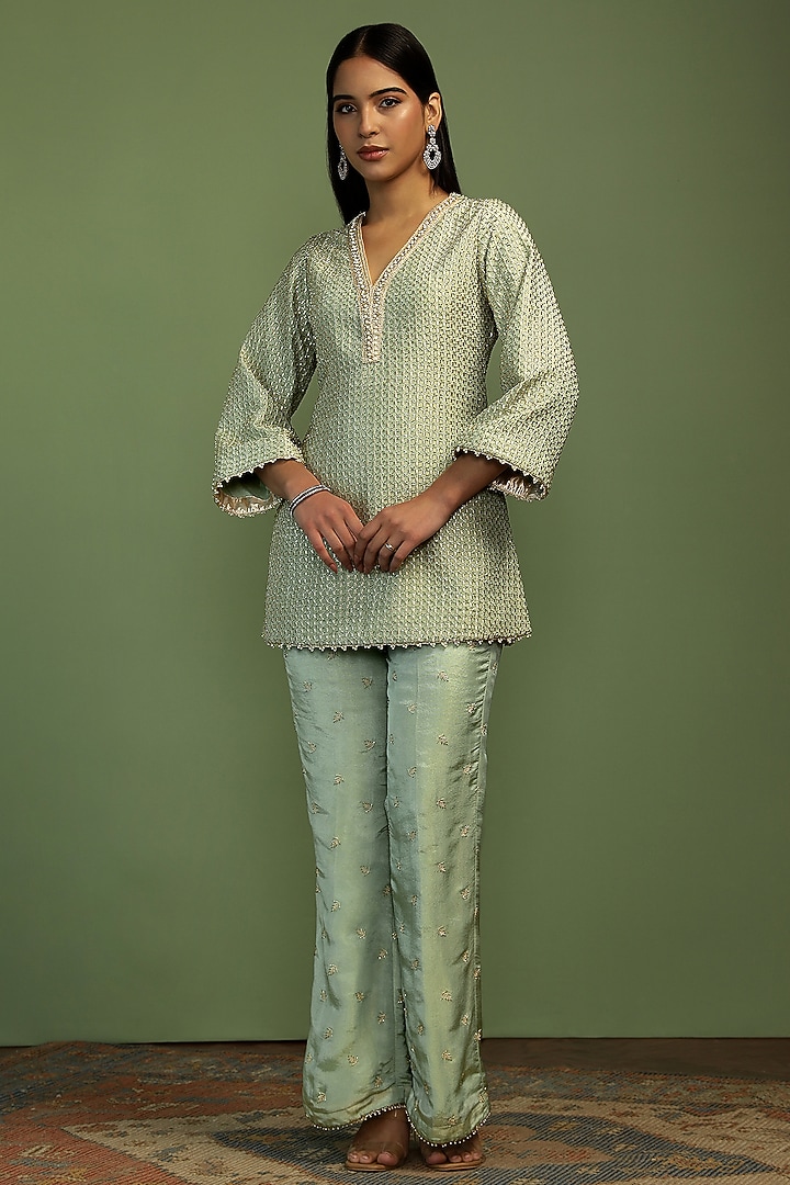 Mint & Gold Tissue Gota Embroidered Kurta Set by Mustard Moon by Neyha and Vrinda at Pernia's Pop Up Shop