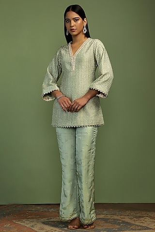 Mint & Gold Tissue Gota Embroidered Kurta Set by Mustard Moon by Neyha and Vrinda
