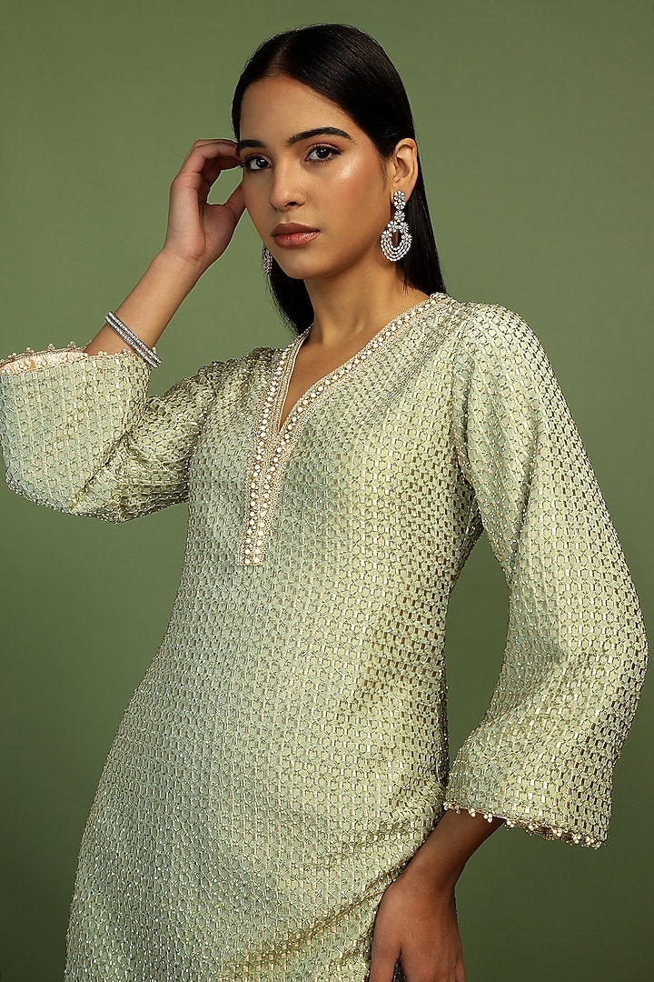Mint & Gold Tissue Gota Embroidered Kurta Set by Mustard Moon by Neyha and Vrinda at Pernia's Pop Up Shop