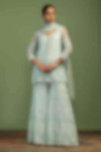 Mint Blue Net Sequin Embroidered Party Wear Sharara Set by Mustard Moon by Neyha and Vrinda at Pernia's Pop Up Shop