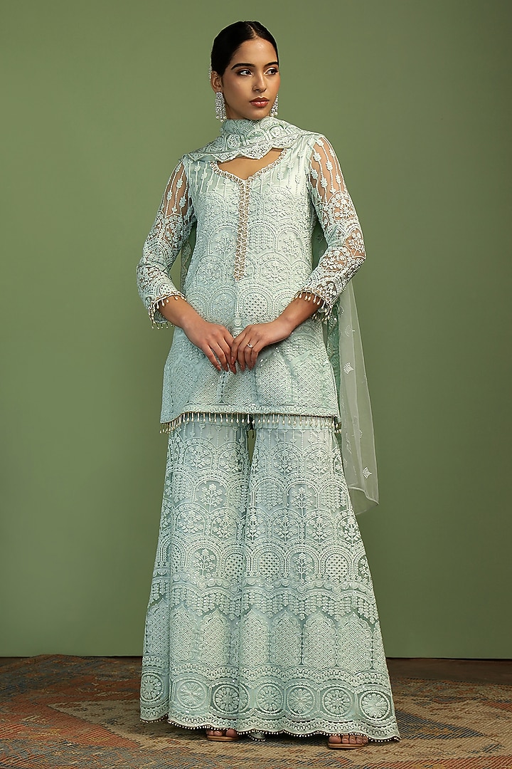 Mint Blue Net Sequin Embroidered Party Wear Sharara Set by Mustard Moon by Neyha and Vrinda at Pernia's Pop Up Shop