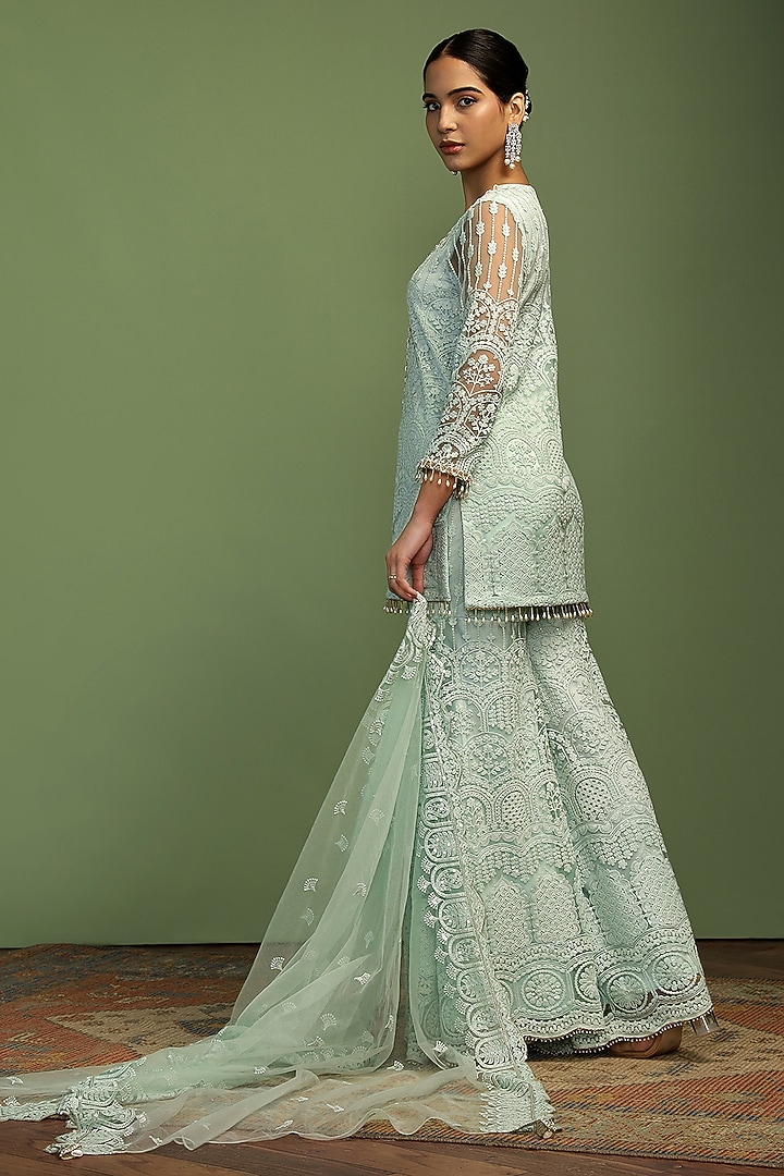 Mint Blue Net Sequin Embroidered Party Wear Sharara Set by Mustard Moon by Neyha and Vrinda at Pernia's Pop Up Shop