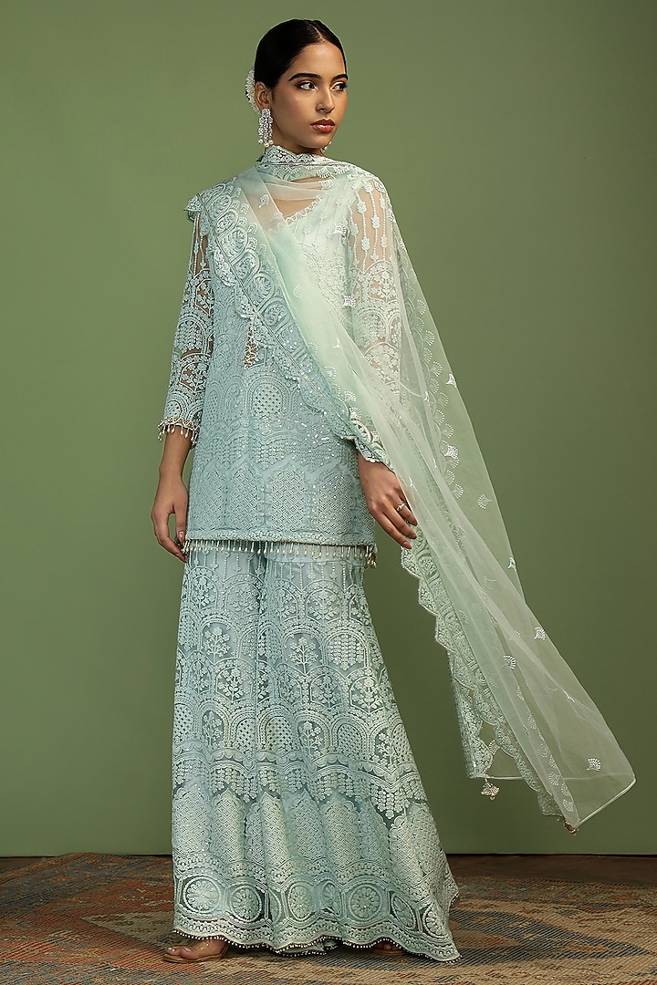 Mint Blue Net Sequin Embroidered Party Wear Sharara Set by Mustard Moon by Neyha and Vrinda at Pernia's Pop Up Shop