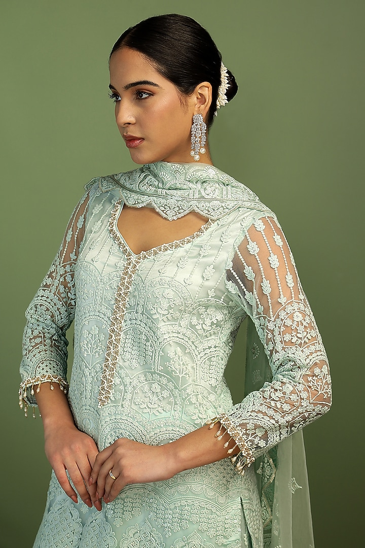 Mint Blue Net Sequin Embroidered Party Wear Sharara Set by Mustard Moon by Neyha and Vrinda at Pernia's Pop Up Shop