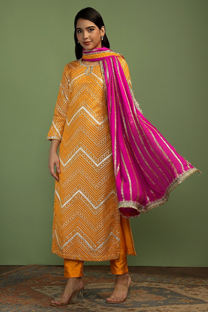 Mustard Georgette Gota Work Long Kurta Set by Mustard Moon by Neyha and Vrinda at Pernia's Pop Up Shop