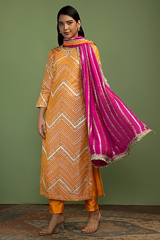 Mustard Georgette Gota Work Long Kurta Set by Mustard Moon by Neyha and Vrinda