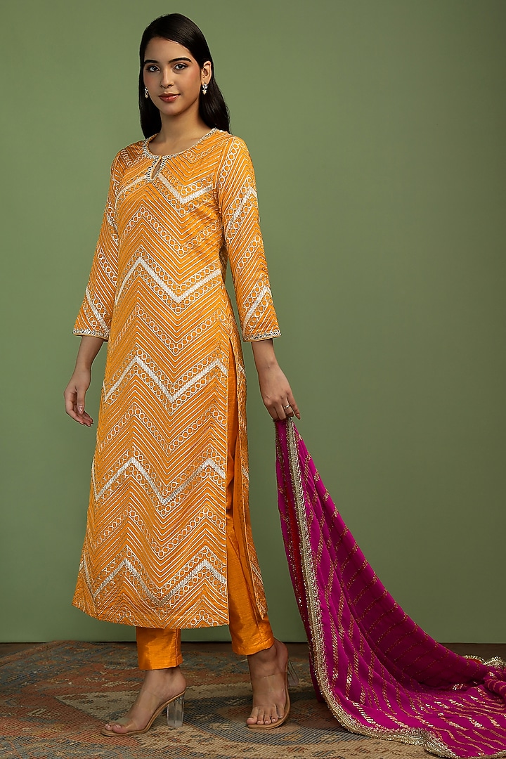 Mustard Georgette Gota Work Long Kurta Set by Mustard Moon by Neyha and Vrinda at Pernia's Pop Up Shop