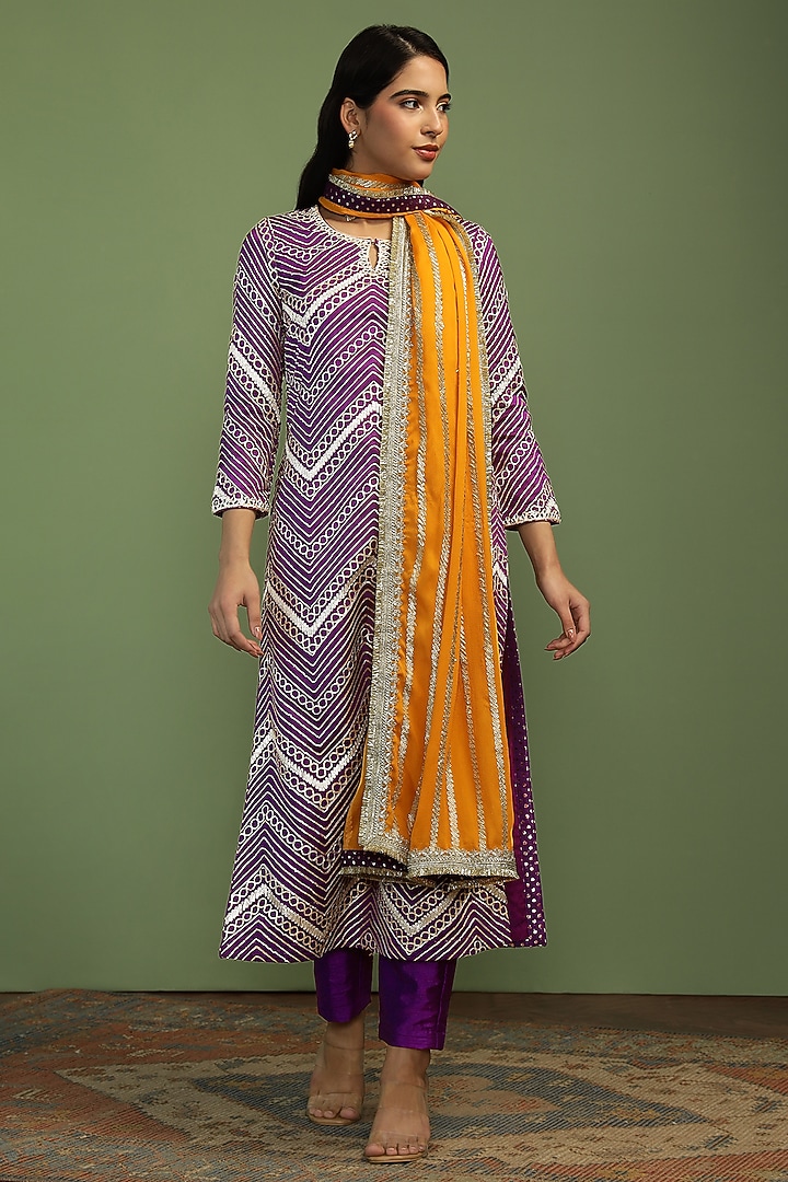 Purple Georgette Gota Work Long Kurta Set by Mustard Moon by Neyha and Vrinda at Pernia's Pop Up Shop