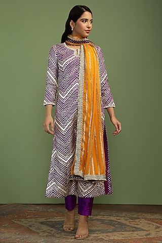 Purple Georgette Gota Work Long Kurta Set by Mustard Moon by Neyha and Vrinda