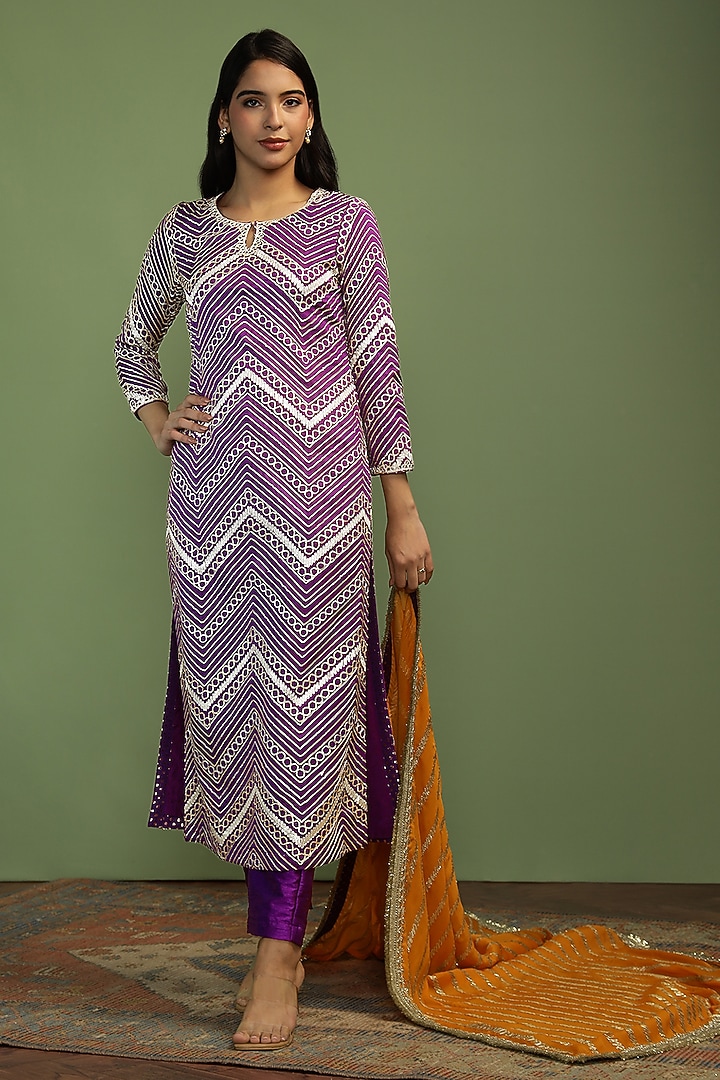 Purple Georgette Gota Work Long Kurta Set by Mustard Moon by Neyha and Vrinda at Pernia's Pop Up Shop