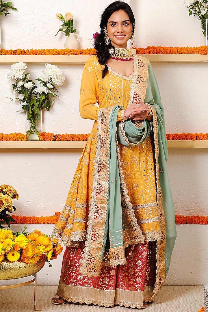 Saffron Embroidered Anarkali Set by Mustard Moon by Neyha and Vrinda
