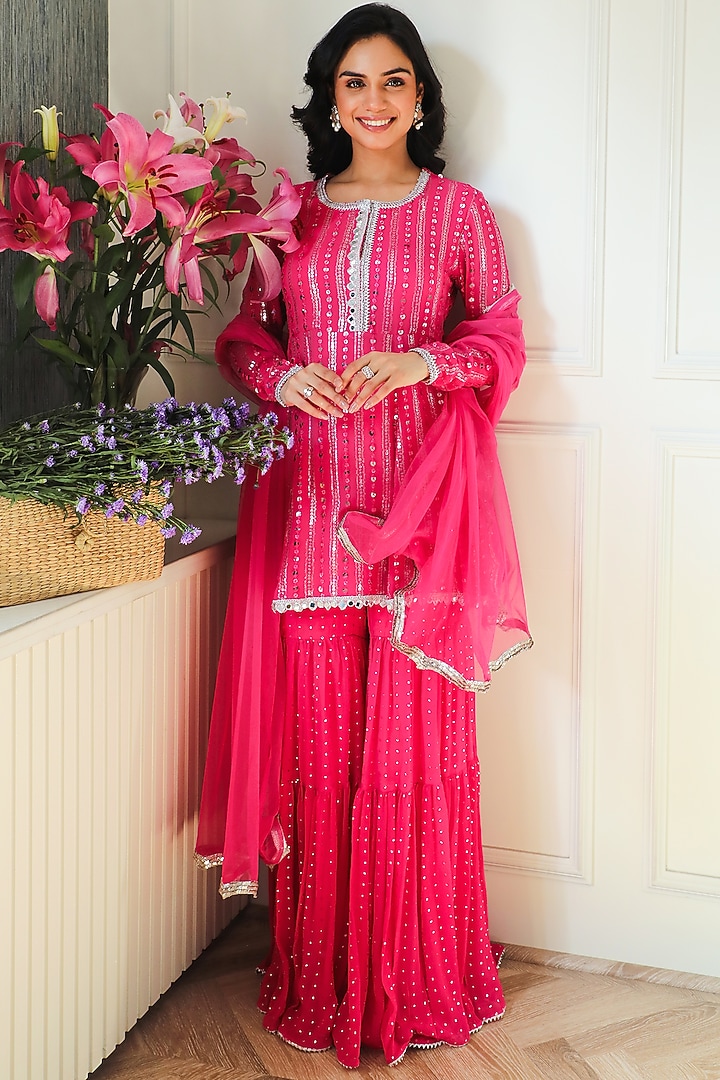 Hot Pink Embroidered Party Wear Sharara Set by Mustard Moon by Neyha and Vrinda at Pernia's Pop Up Shop