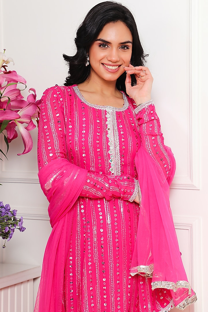 Hot Pink Embroidered Party Wear Sharara Set by Mustard Moon by Neyha and Vrinda at Pernia's Pop Up Shop
