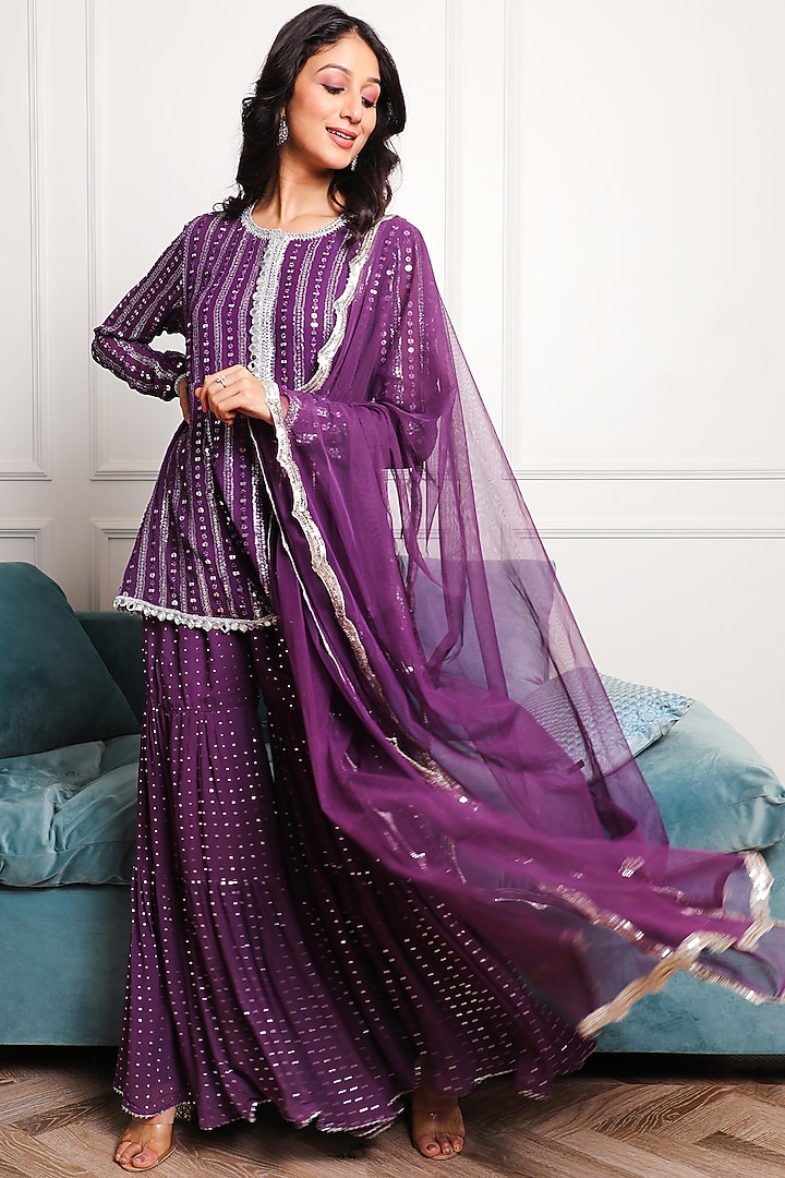 Purple Embroidered Party Wear Sharara Set by Mustard Moon by Neyha and Vrinda at Pernia's Pop Up Shop