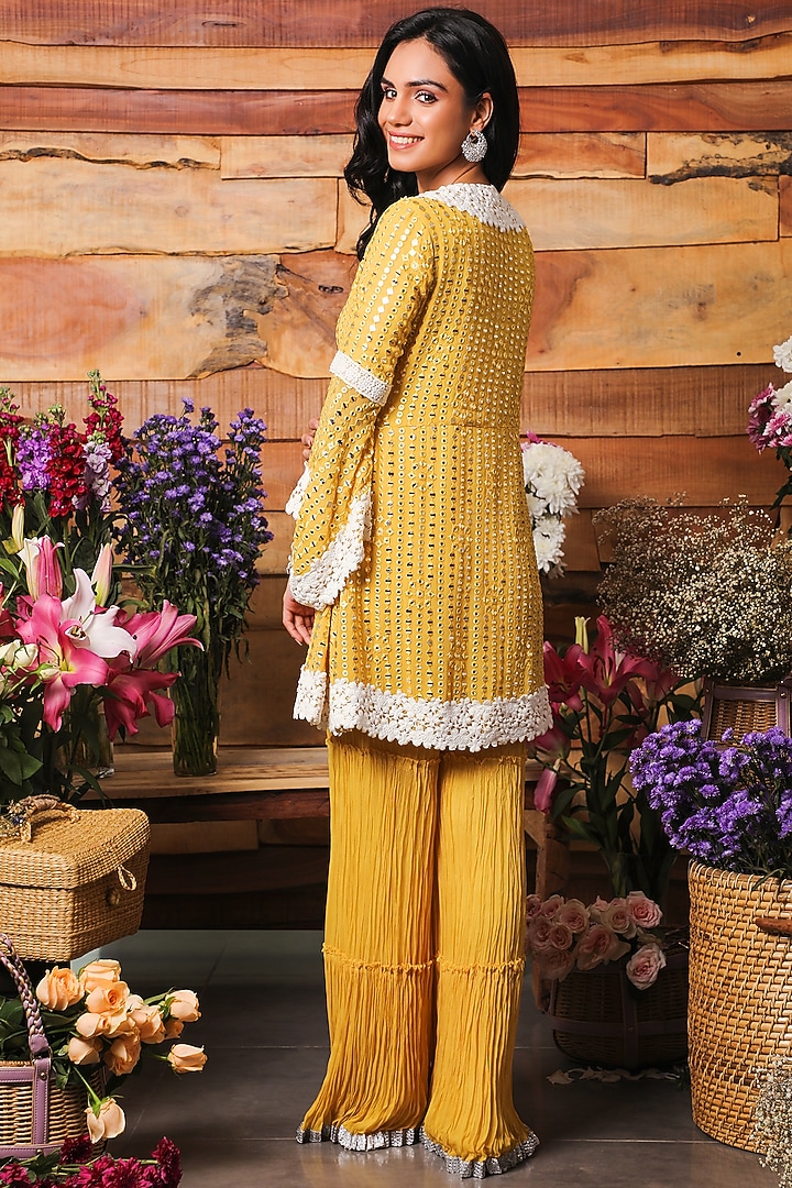 Yellow Crinkled Party Wear Sharara Set by Mustard Moon by Neyha and Vrinda at Pernia's Pop Up Shop