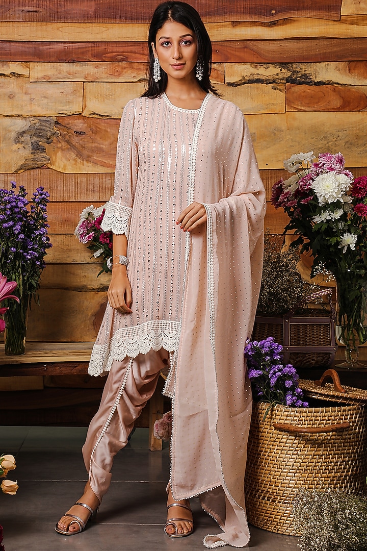 Pink Champagne Embroidered High-Low Kurta Set by Mustard Moon by Neyha and Vrinda at Pernia's Pop Up Shop