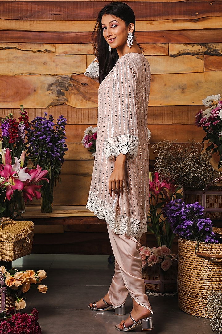 Pink Champagne Embroidered High-Low Kurta Set by Mustard Moon by Neyha and Vrinda at Pernia's Pop Up Shop