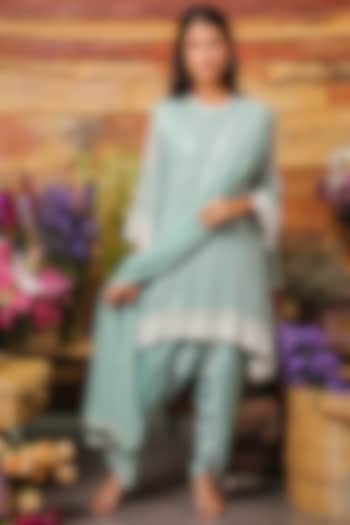 Sage Aqua Embroidered High-Low Kurta Set by Mustard Moon by Neyha and Vrinda