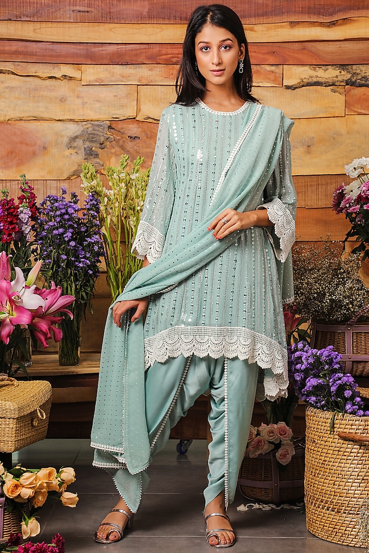 Sage Aqua Embroidered High-Low Kurta Set by Mustard Moon by Neyha and Vrinda