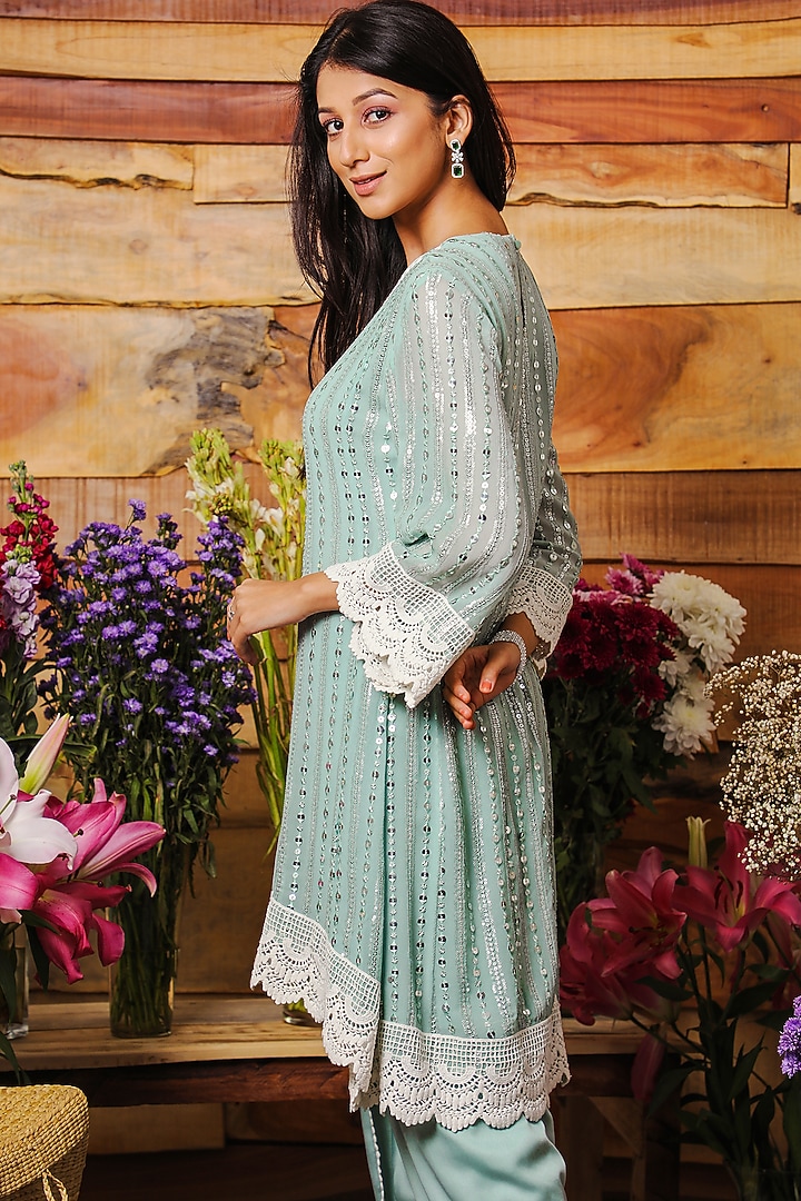 Sage Aqua Embroidered High-Low Kurta Set by Mustard Moon by Neyha and Vrinda at Pernia's Pop Up Shop