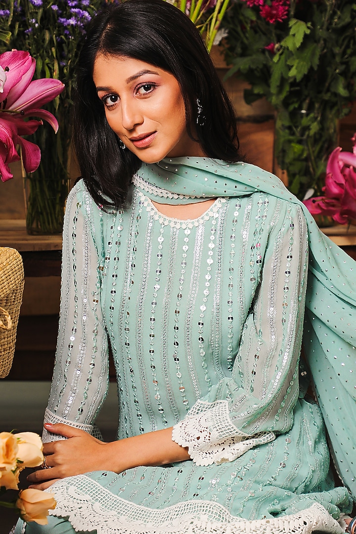 Sage Aqua Embroidered High-Low Kurta Set by Mustard Moon by Neyha and Vrinda at Pernia's Pop Up Shop
