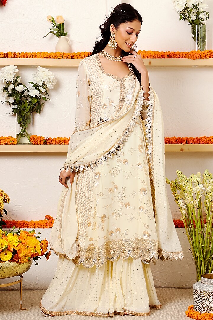 Ivory Embroidered Paneled Anarkali Set by Mustard Moon by Neyha and Vrinda