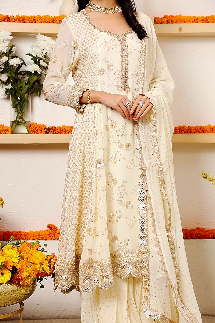 Ivory Embroidered Paneled Wedding Anarkali Set by Mustard Moon by Neyha and Vrinda at Pernia's Pop Up Shop