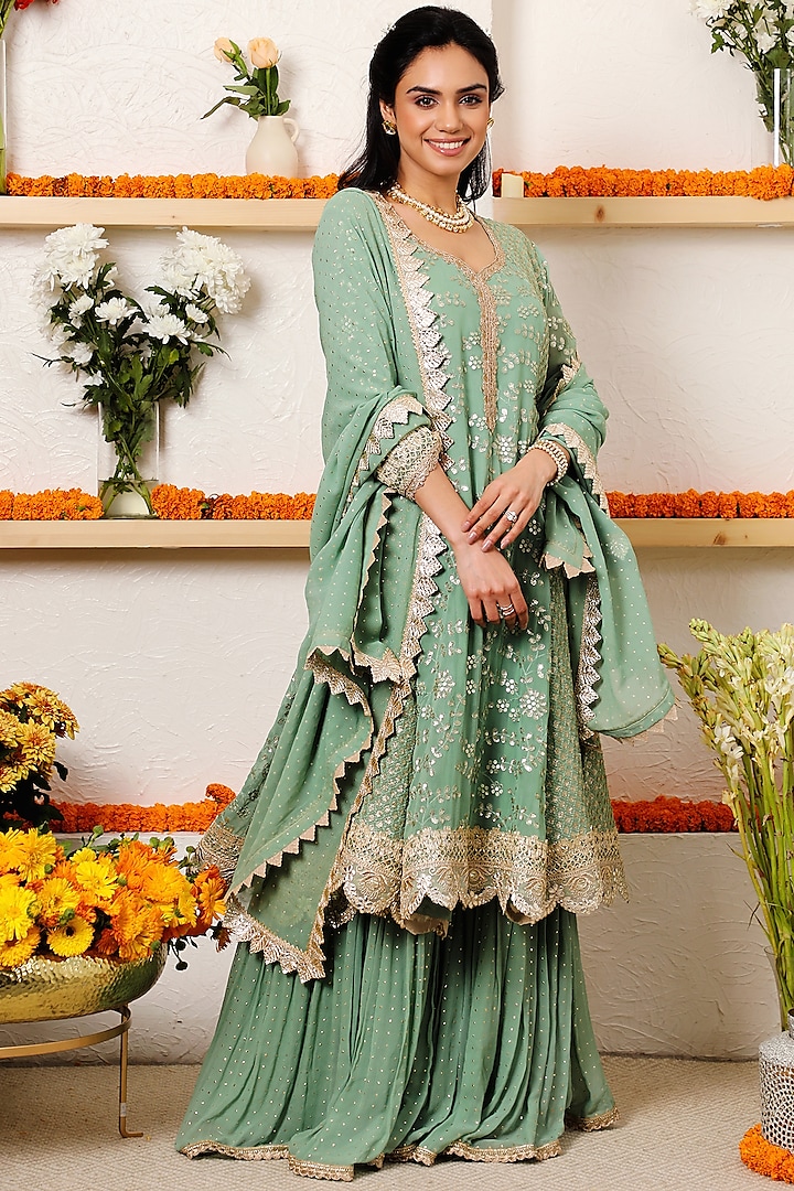 Teal Embroidered Paneled Anarkali Set by Mustard Moon by Neyha and Vrinda