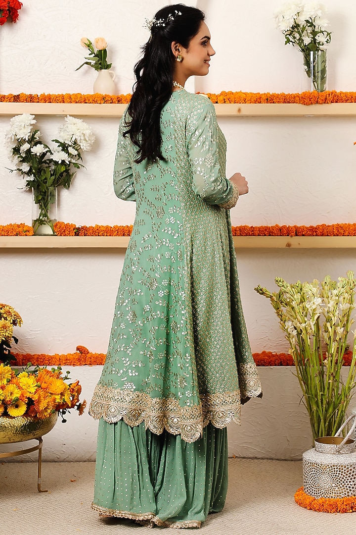 Teal Embroidered Paneled Wedding Anarkali Set by Mustard Moon by Neyha and Vrinda at Pernia's Pop Up Shop