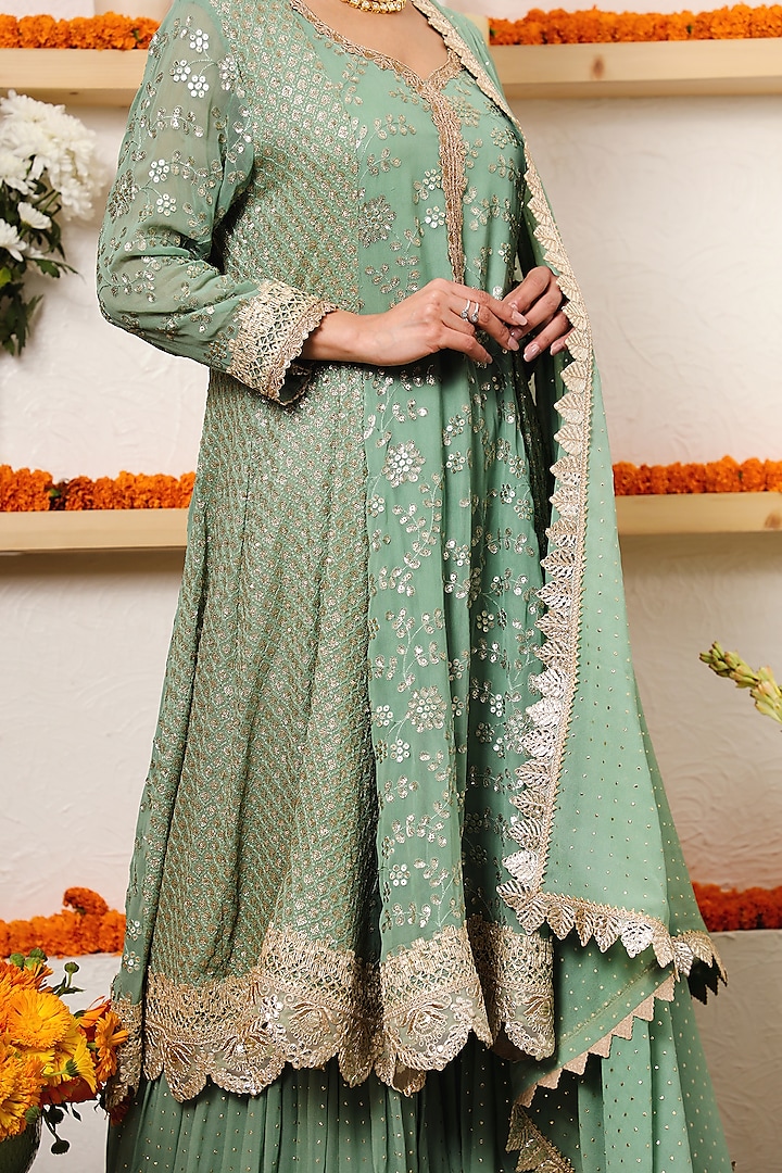 Teal Embroidered Paneled Wedding Anarkali Set by Mustard Moon by Neyha and Vrinda at Pernia's Pop Up Shop