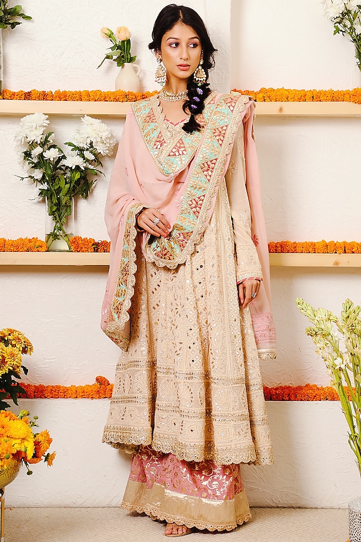 Taupe Gold Embroidered Anarkali Set by Mustard Moon by Neyha and Vrinda