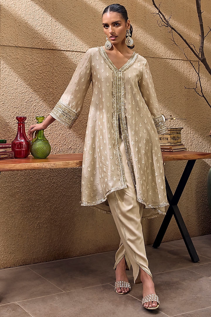 Sand Chanderi Silk Motif Embroidered High-Low Kurta Set by Mustard Moon by Neyha and Vrinda