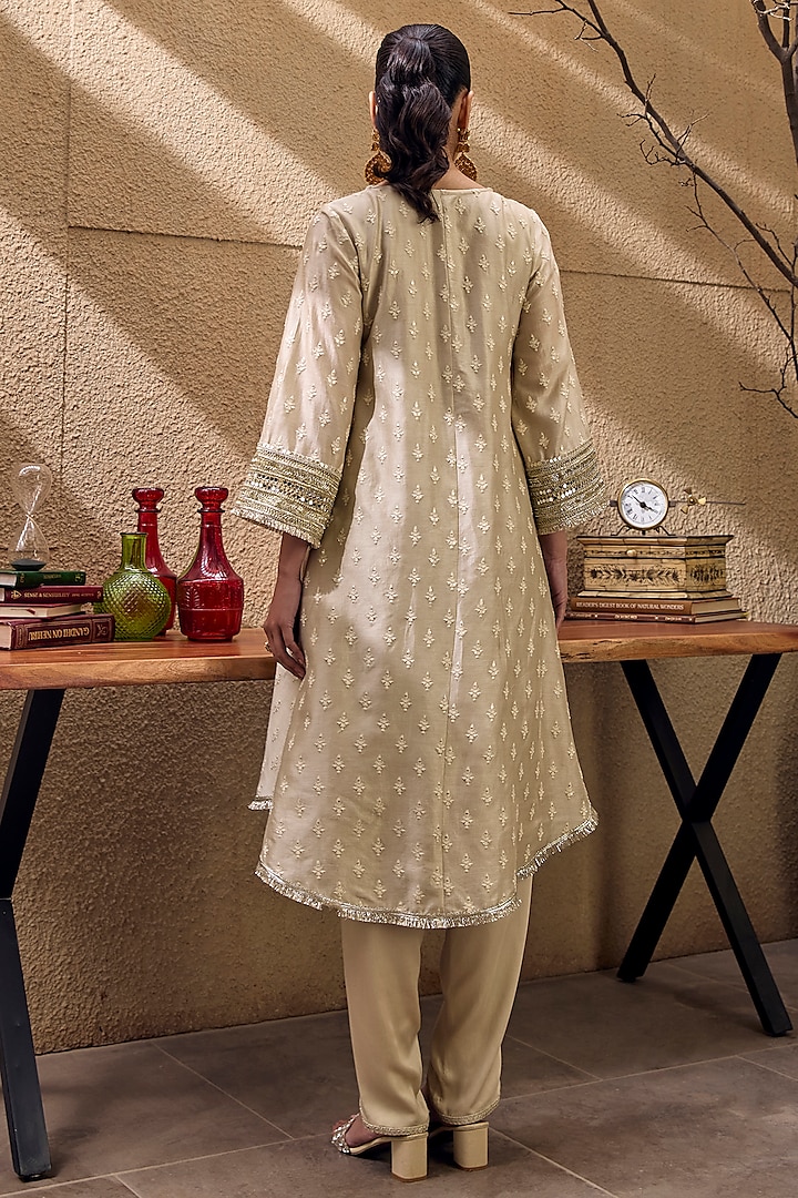Sand Chanderi Silk Motif Embroidered High-Low Kurta Set by Mustard Moon by Neyha and Vrinda at Pernia's Pop Up Shop