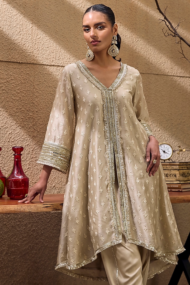 Sand Chanderi Silk Motif Embroidered High-Low Kurta Set by Mustard Moon by Neyha and Vrinda at Pernia's Pop Up Shop
