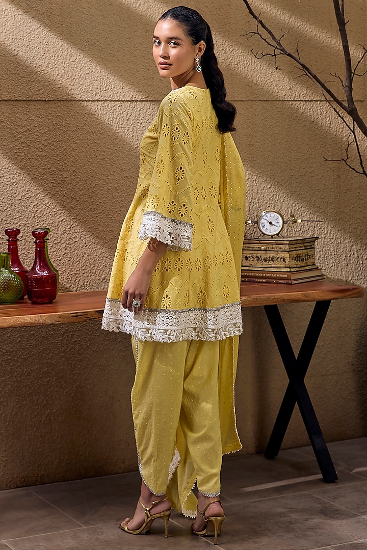 Sunny Yellow Cotton Bead Embroidered Tunic Set by Mustard Moon by Neyha and Vrinda at Pernia's Pop Up Shop