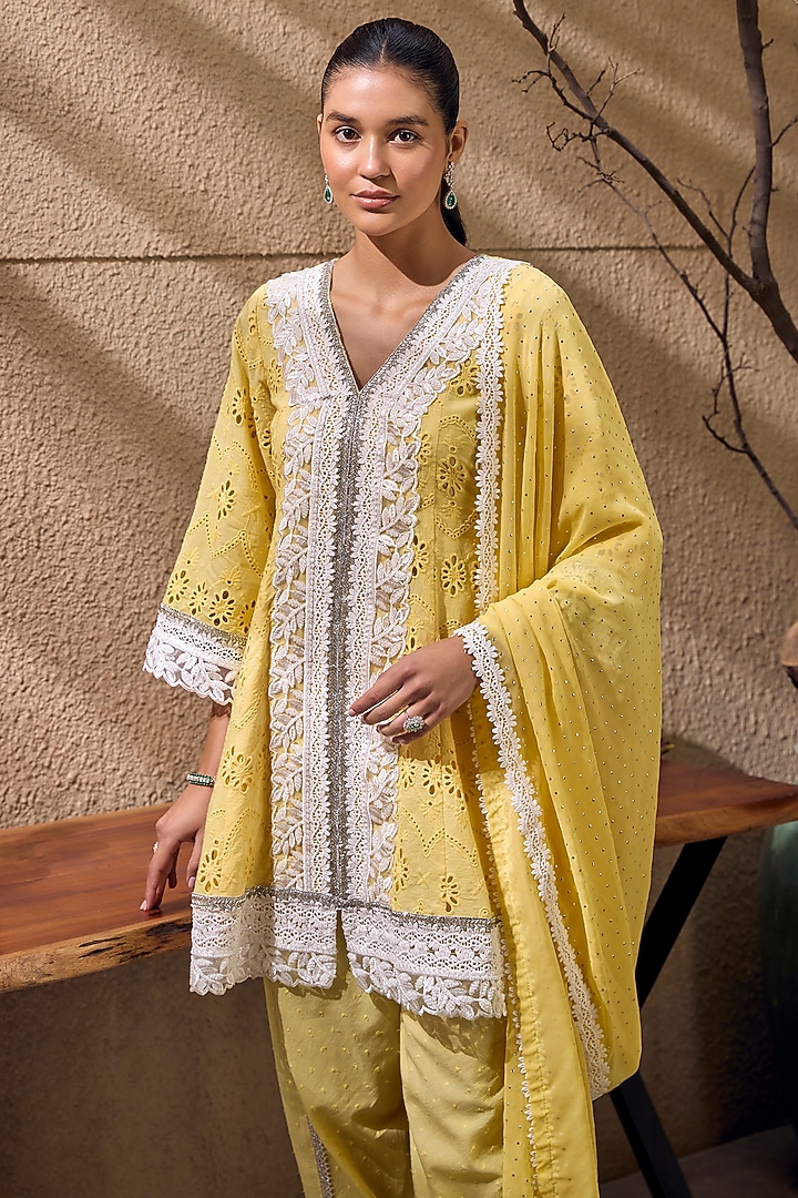 Sunny Yellow Cotton Bead Embroidered Tunic Set by Mustard Moon by Neyha and Vrinda at Pernia's Pop Up Shop