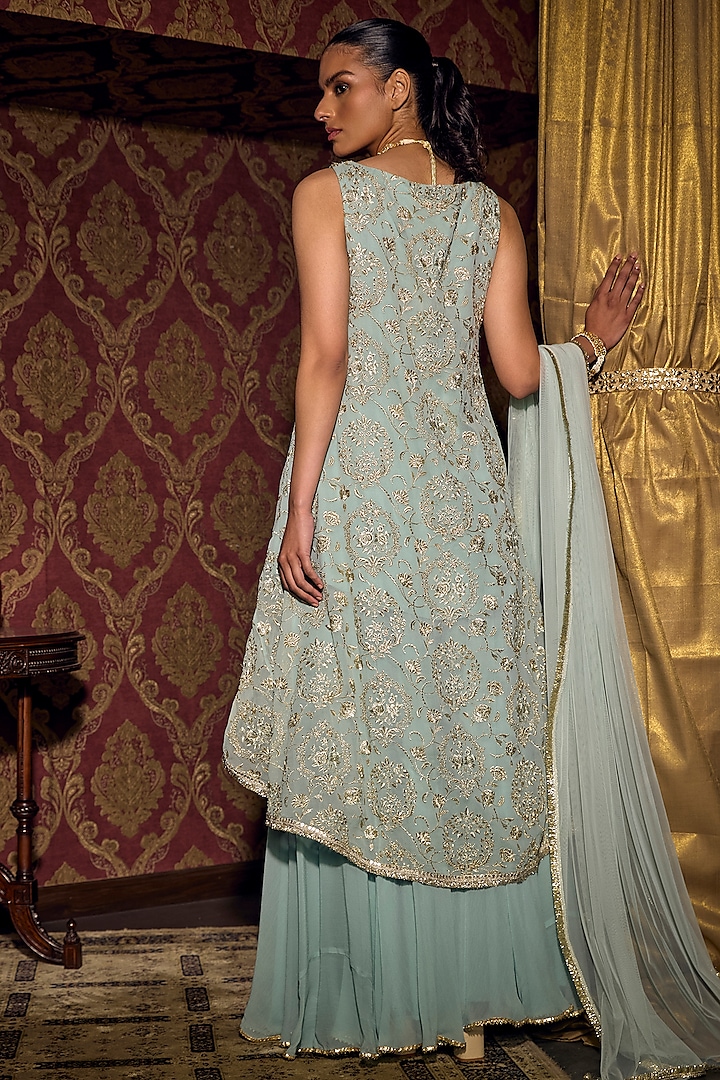 Mint Georgette Flowy Party Wear Sharara Set by Mustard Moon by Neyha and Vrinda at Pernia's Pop Up Shop