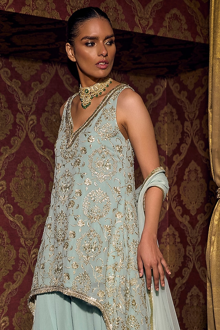 Mint Georgette Flowy Party Wear Sharara Set by Mustard Moon by Neyha and Vrinda at Pernia's Pop Up Shop