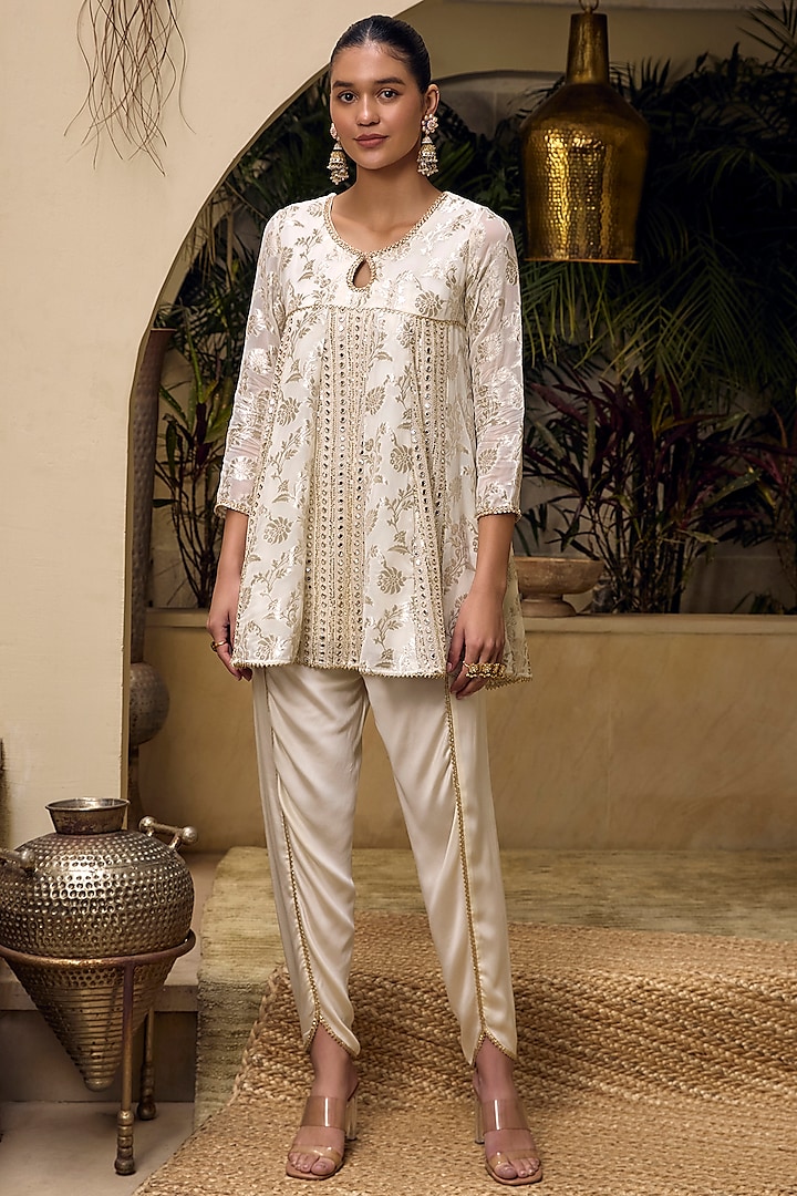 Ivory Georgette Mirror & Thread Work Tunic Set by Mustard Moon by Neyha and Vrinda at Pernia's Pop Up Shop