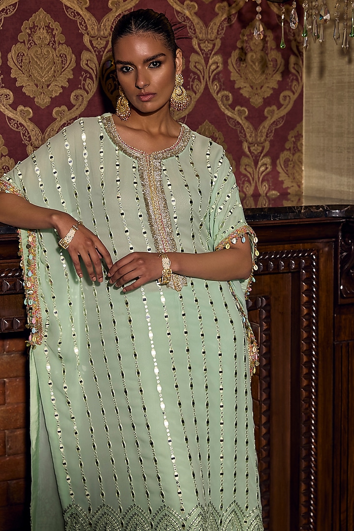 Pistachio Georgette Mirror Work Kaftan Set by Mustard Moon by Neyha and Vrinda at Pernia's Pop Up Shop
