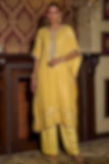 Sunny Yellow Georgette Mirror Work Kaftan Set by Mustard Moon by Neyha and Vrinda at Pernia's Pop Up Shop