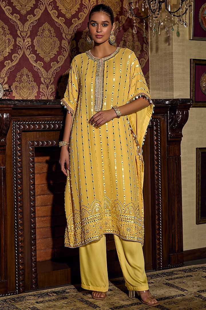 Sunny Yellow Georgette Mirror Work Kaftan Set by Mustard Moon by Neyha and Vrinda at Pernia's Pop Up Shop