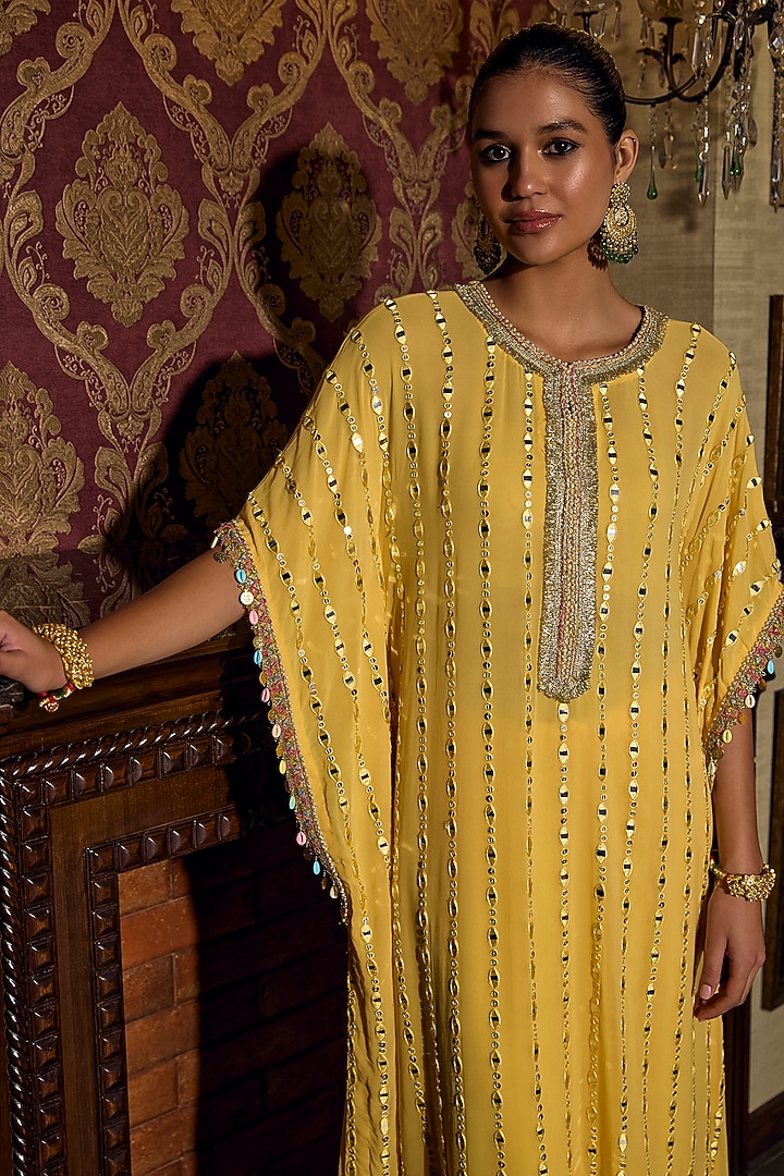 Sunny Yellow Georgette Mirror Work Kaftan Set by Mustard Moon by Neyha and Vrinda at Pernia's Pop Up Shop