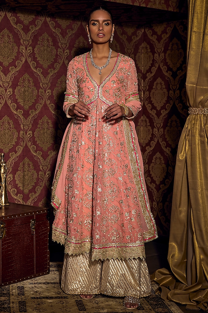 Peach Candy Georgette Embroidered Long Kurta Set by Mustard Moon by Neyha and Vrinda at Pernia's Pop Up Shop