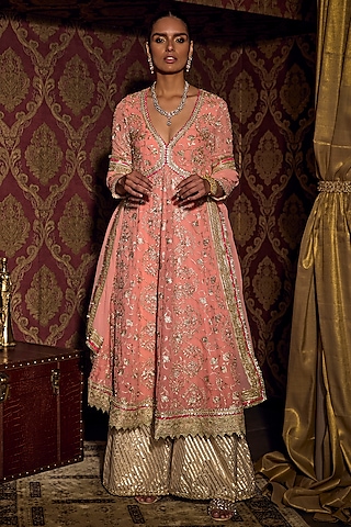 Peach Candy Georgette Embroidered Long Kurta Set by Mustard Moon by Neyha and Vrinda