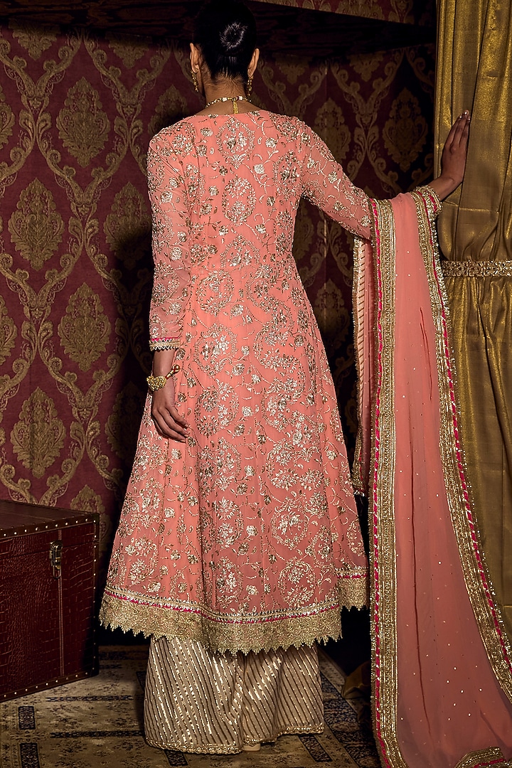 Peach Candy Georgette Embroidered Long Kurta Set by Mustard Moon by Neyha and Vrinda at Pernia's Pop Up Shop