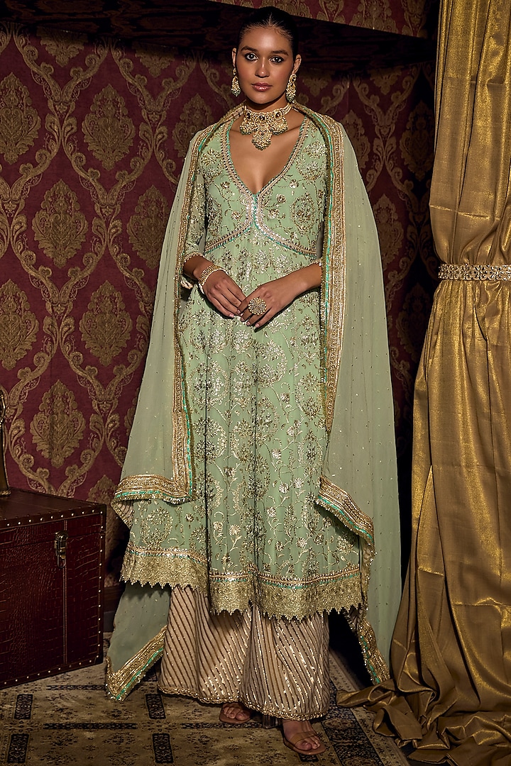 Pistachio & Ivory Georgette Embroidered Long Kurta Set by Mustard Moon by Neyha and Vrinda at Pernia's Pop Up Shop