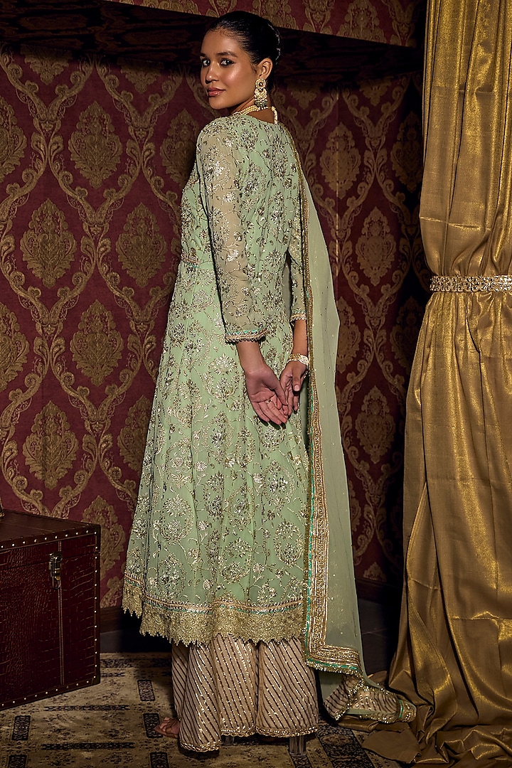 Pistachio & Ivory Georgette Embroidered Long Kurta Set by Mustard Moon by Neyha and Vrinda at Pernia's Pop Up Shop