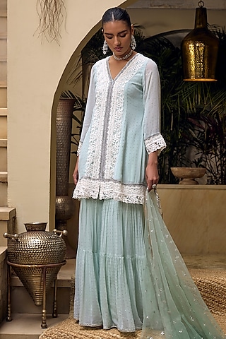 Mint Georgette Beadwork Sharara Set by Mustard Moon by Neyha and Vrinda