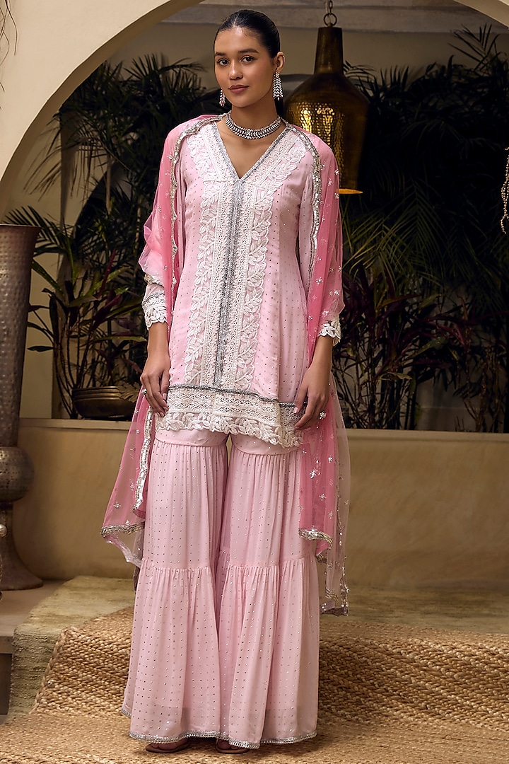 Baby Pink Georgette Beadwork Sharara Set by Mustard Moon by Neyha and Vrinda at Pernia's Pop Up Shop